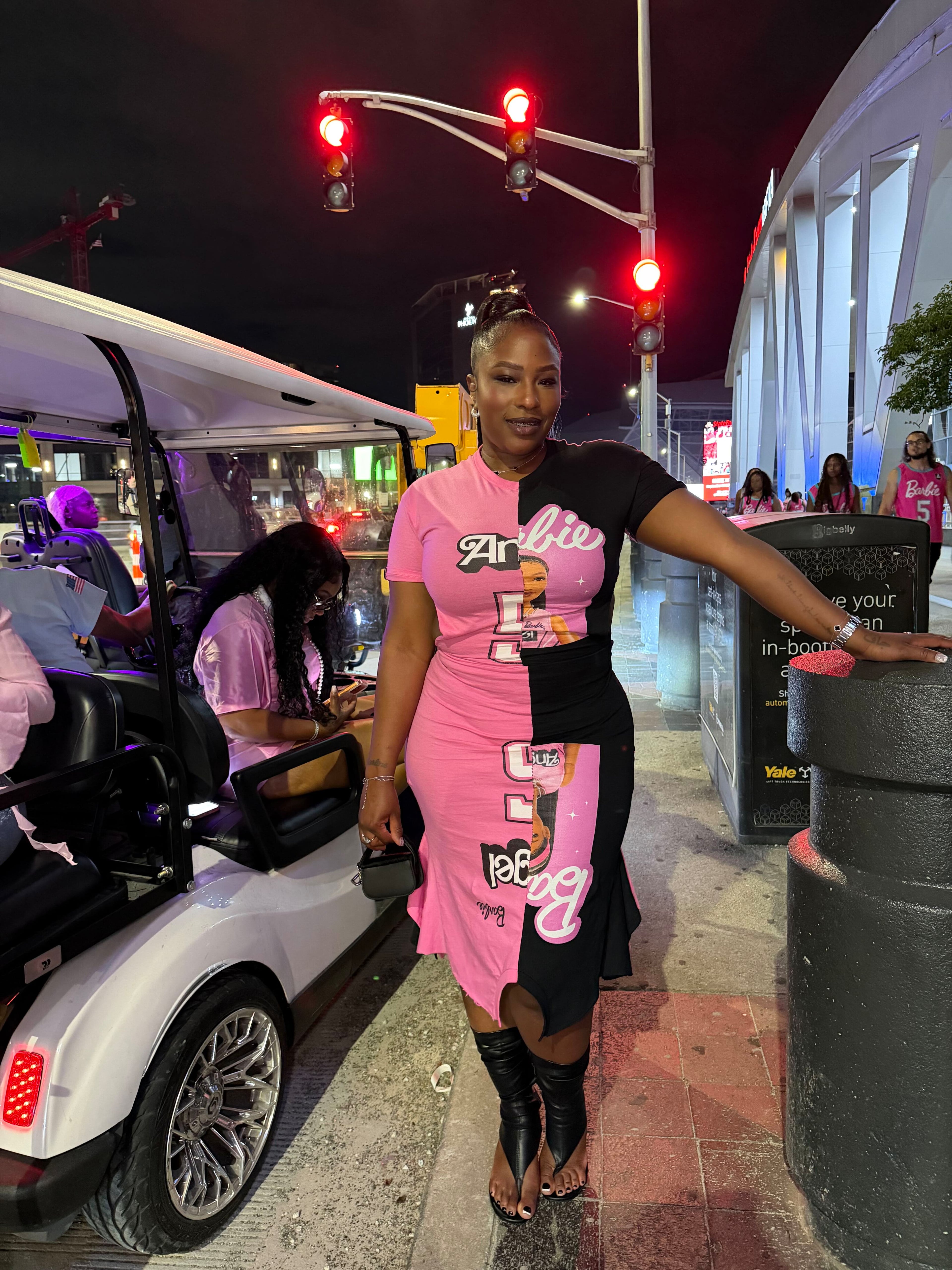 Jontiea Robertson wears a custom-made Barbie x Angel Reese outfit outside State Farm Arena during Barbie Dream Night on Monday, Aug. 3, 2026, in Atlanta. (Courtesy of Kylea Dunn)