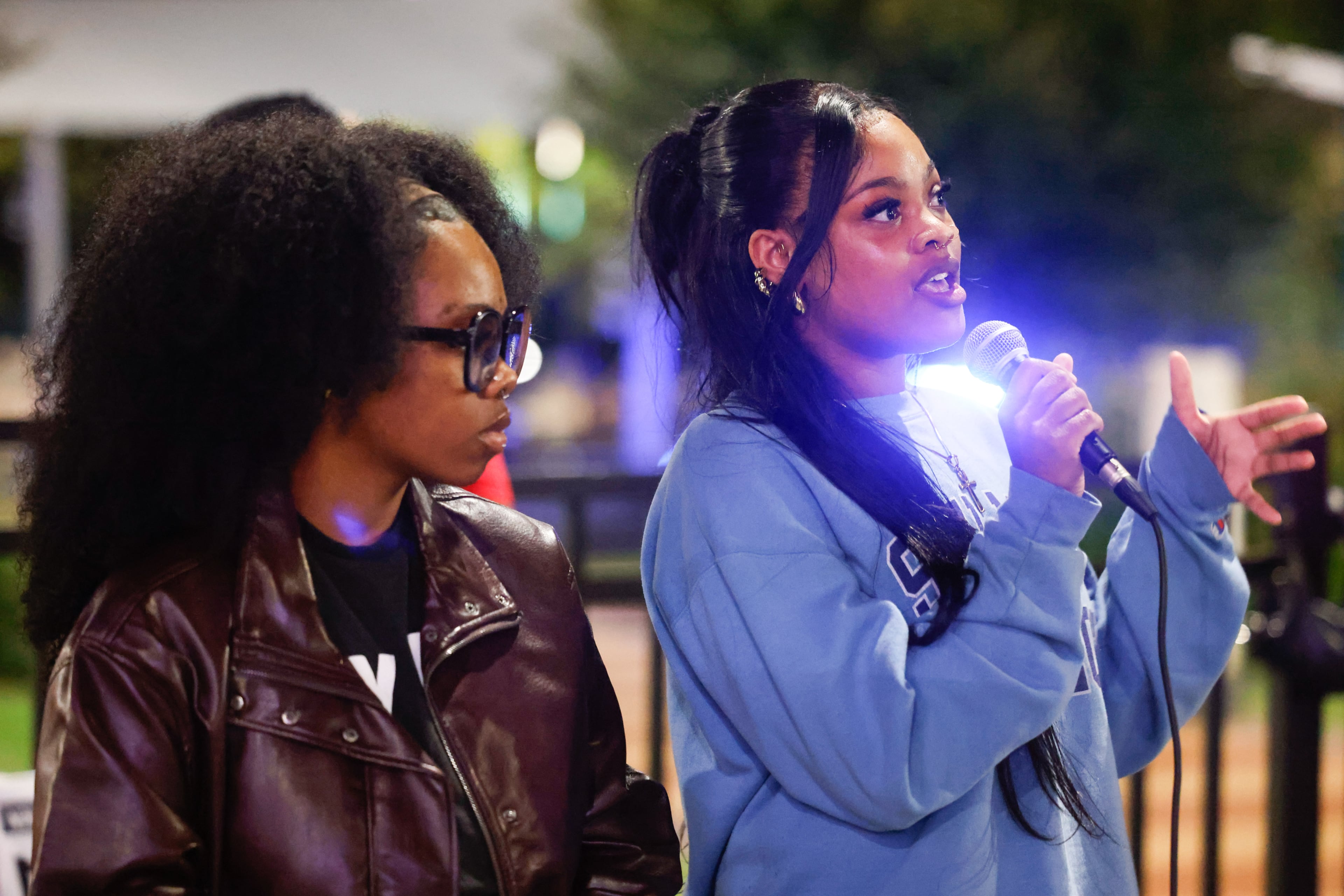 Spelman College student A’Nija Hugley speaks at a rally for Mississippi’s Nolan Wells outside Centennial Olympic Park in Atlanta on Oct. 6, 2026. (Arvin Temkar/AJC)
