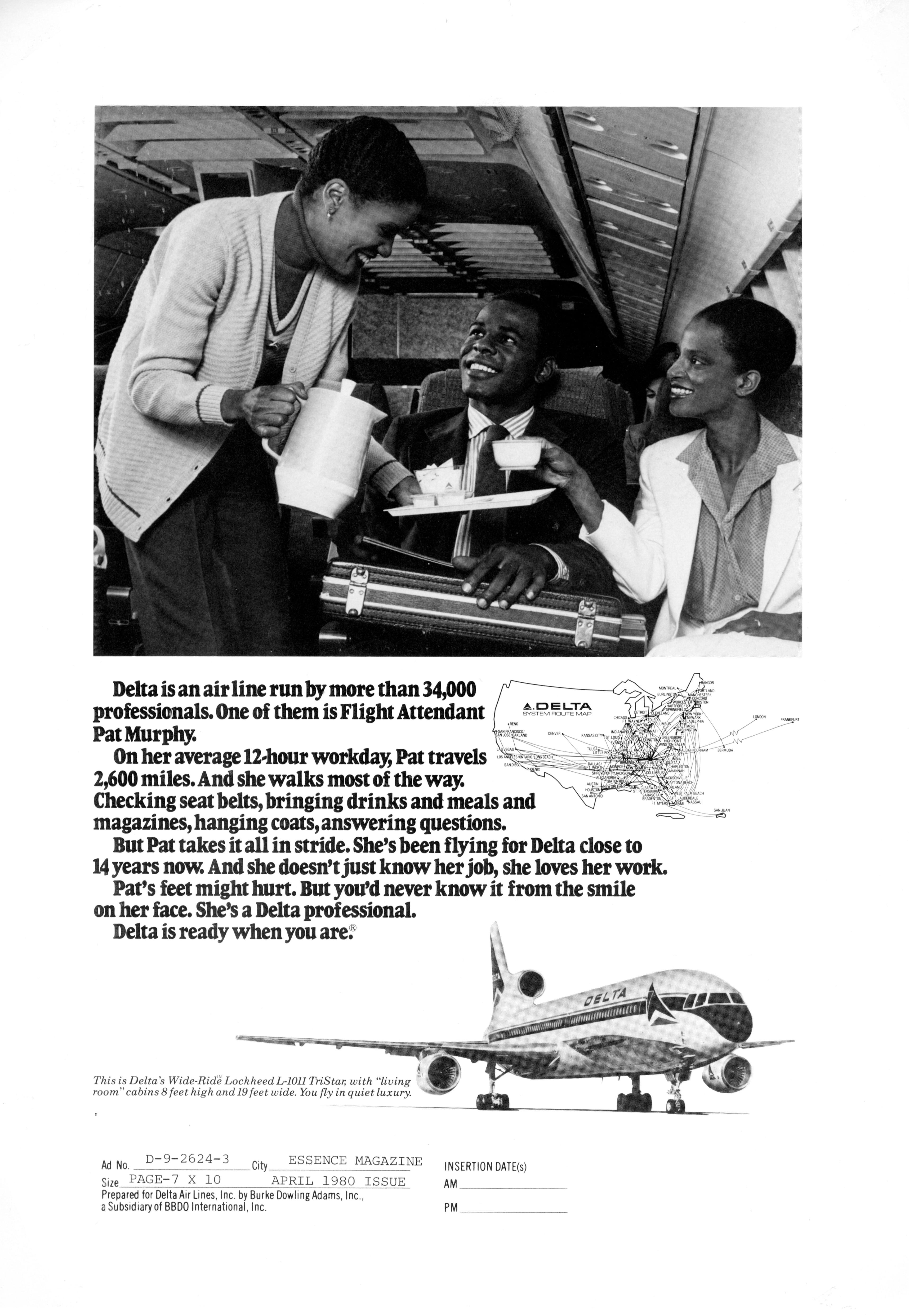 In 1980, Patricia Murphy, the first Black flight attendant hired by Delta, was featured in an advertisement for the airline. (Courtesy of Delta Air Lines)