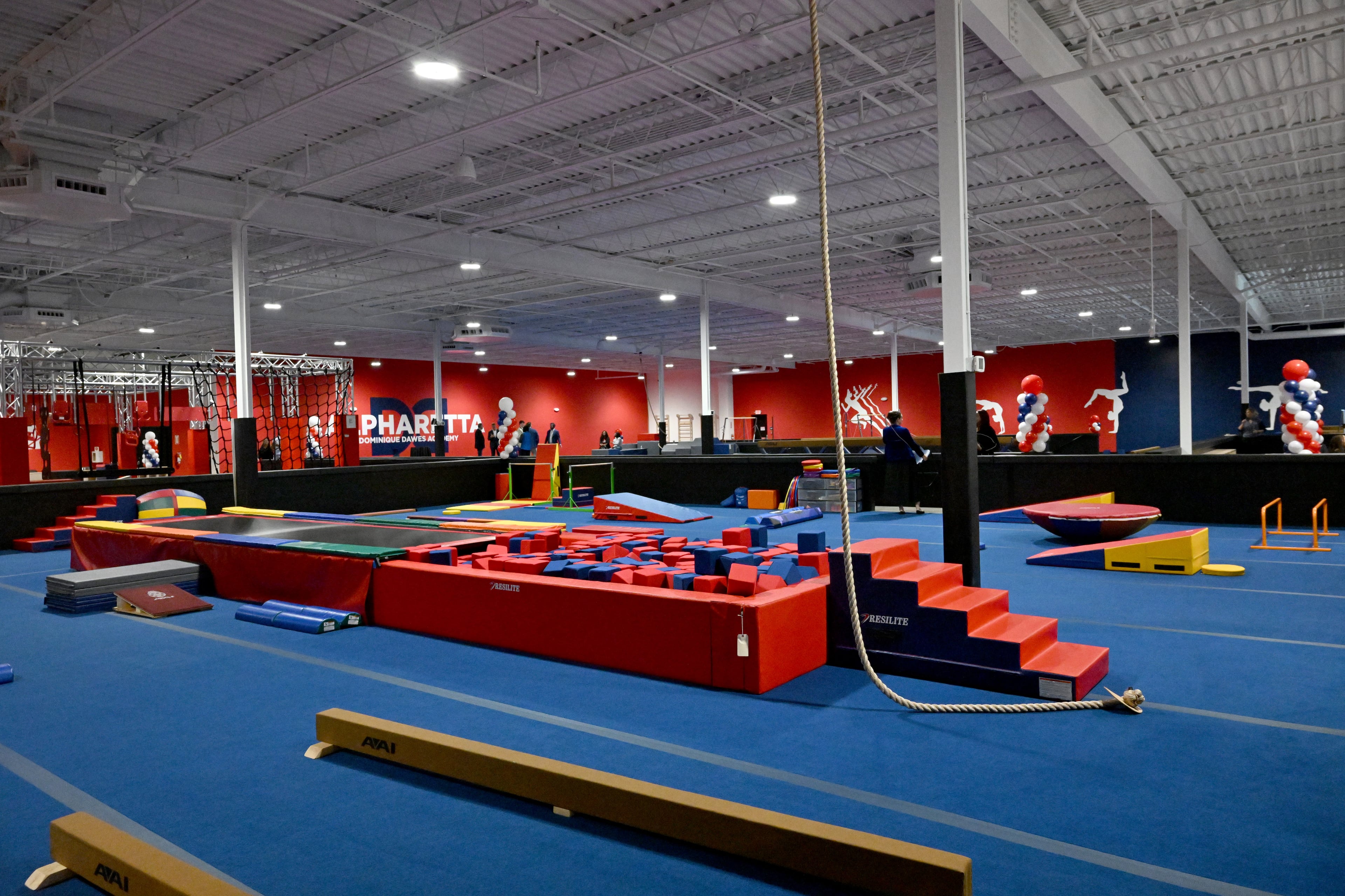 Interior of Dominique Dawes Academy, Friday, March 6, 2026, in Alpharetta. Dawes, a 1996 Olympics medal winning gymnast, has seven gymnastics academies in Maryland and Texas and has now expanded to metro Atlanta, in this case, Alpharetta. (Hyosub Shin/AJC)