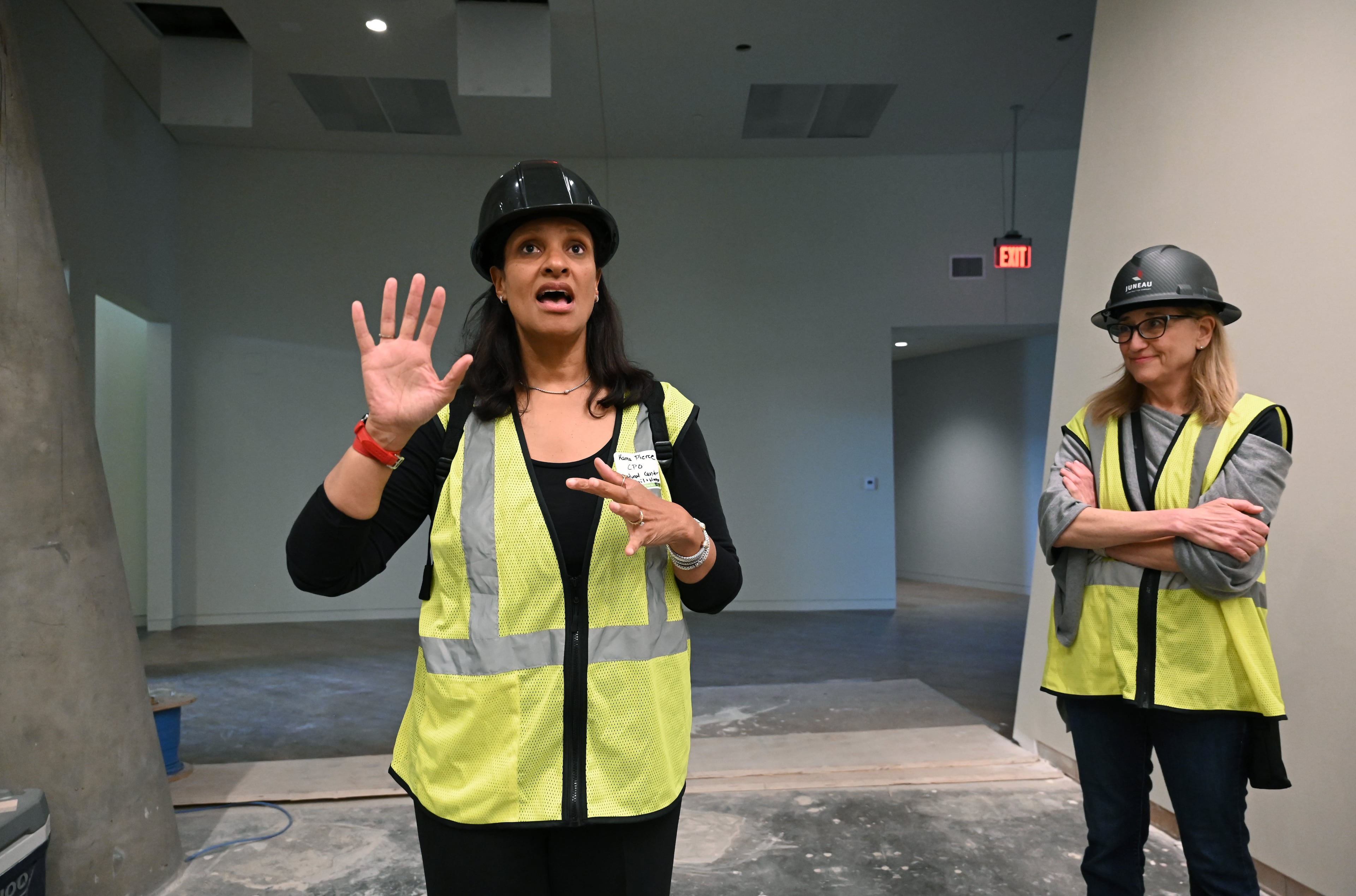 Kama Pierce (left), chief program officer for the National Center for Civil and Human Rights, and center President and CEO Jill Savitt lead a media tour of the downtown museum, which is in the final stages of a $57 million expansion. (Hyosub Shin/AJC)