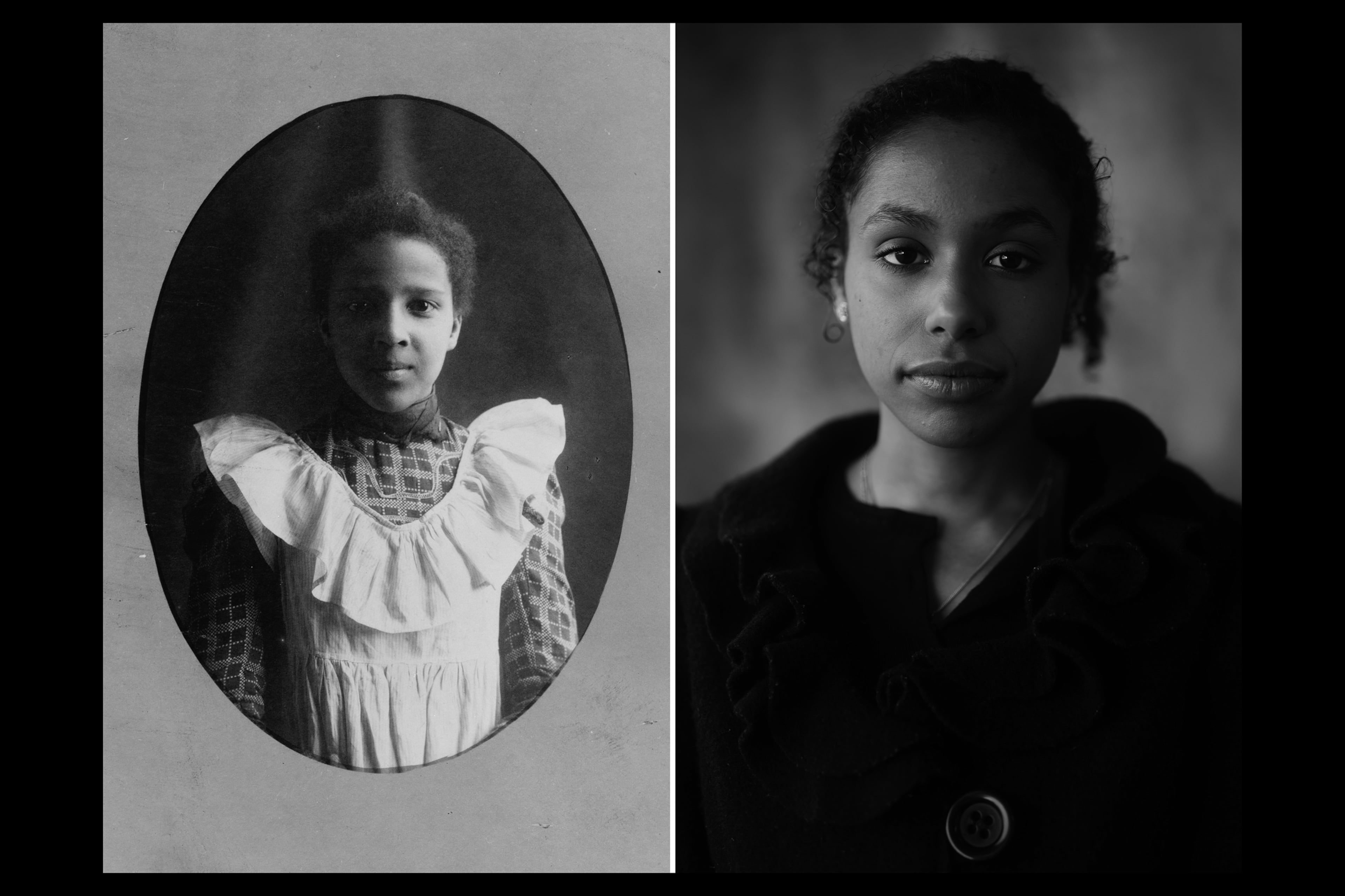LEFT: A portrait of Bazoline Usher, a student at Atlanta University taken in 1899 or 1900. This portrait was amongst the hundreds of images exhibited in W.E.B Dubois’ "Exhibit of American Negroes" for the World’s Fair in Paris in 1900. (Library of Congress)
RIGHT: Celia Browning, the great great great grandniece of Bazoline Usher, who was a student at Atlanta University in the early 1900s, poses for a photo in Atlanta on Saturday, Feb. 7, 2026. (Natrice Miller/AJC)
